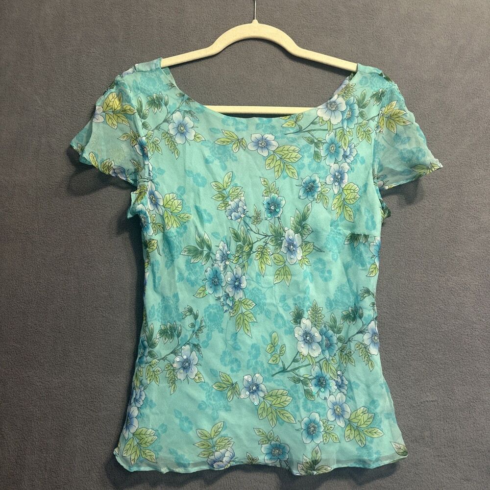 VTG Y2K Robbie Bee Silk Floral Print Beaded Sequin Shirt Top Size 10 Blue Fairy‎